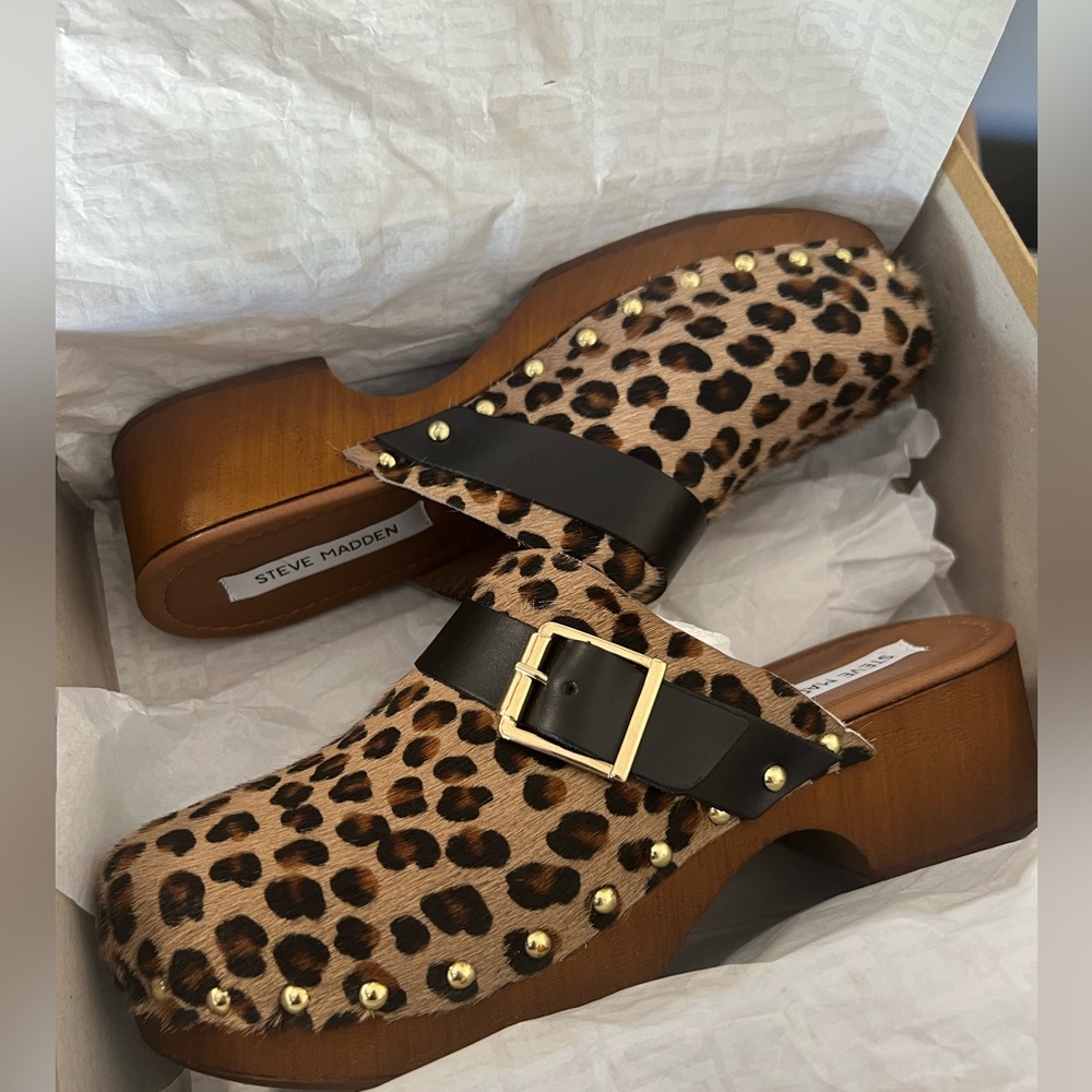 steve madden dana leopard clogs heels shoes slides